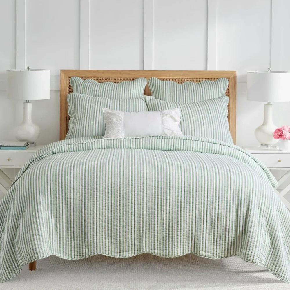 🆕 PB Style Green & White Striped Cotton Quilt Coverlet Scalloped Trim Set NWT